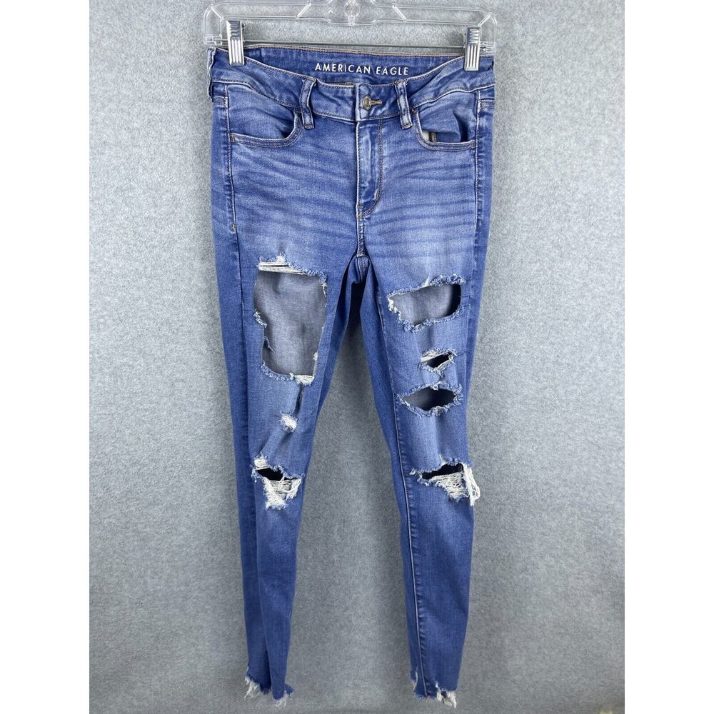American Eagle Jegging Jeans Women's 6‎ Blue Mid Rise Distressed Denim
